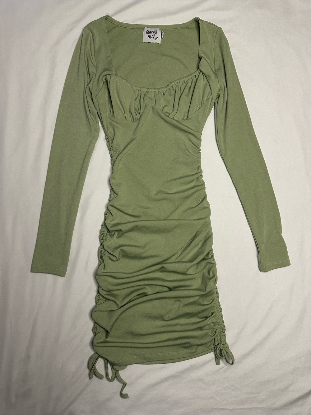 Princess Polly green long sleeve midi dress with ruching and tie detail